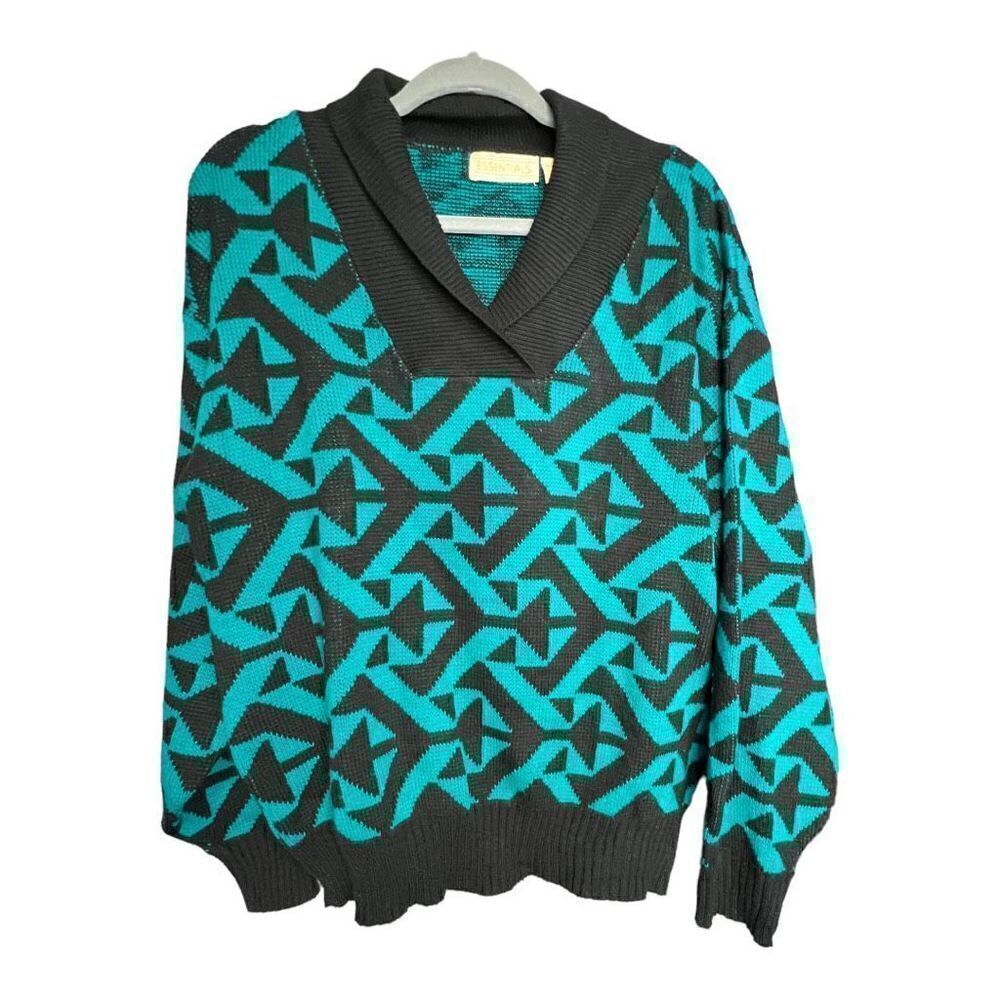 Essentials Women's Geometric Knit V Neck Pullover Sweater Black Green VTG Large